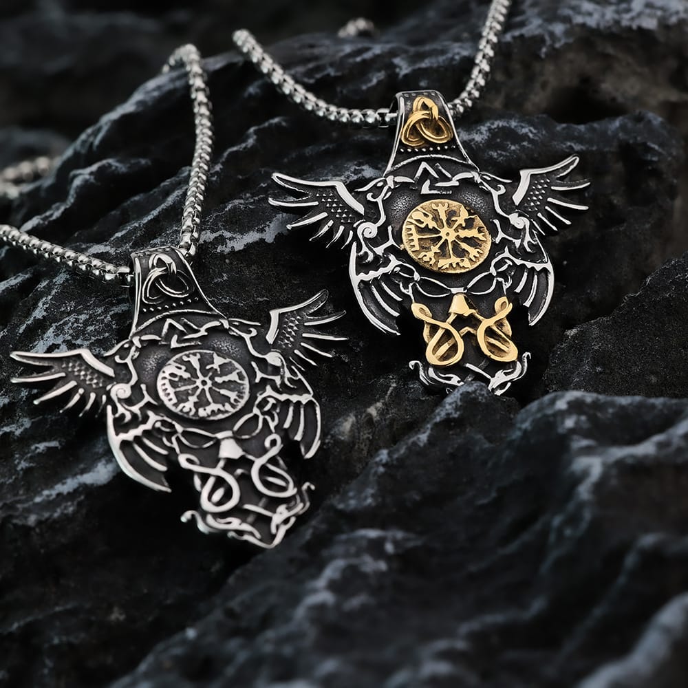 Kobine Men's Punk Vintage Raven Compass Pendant Necklace