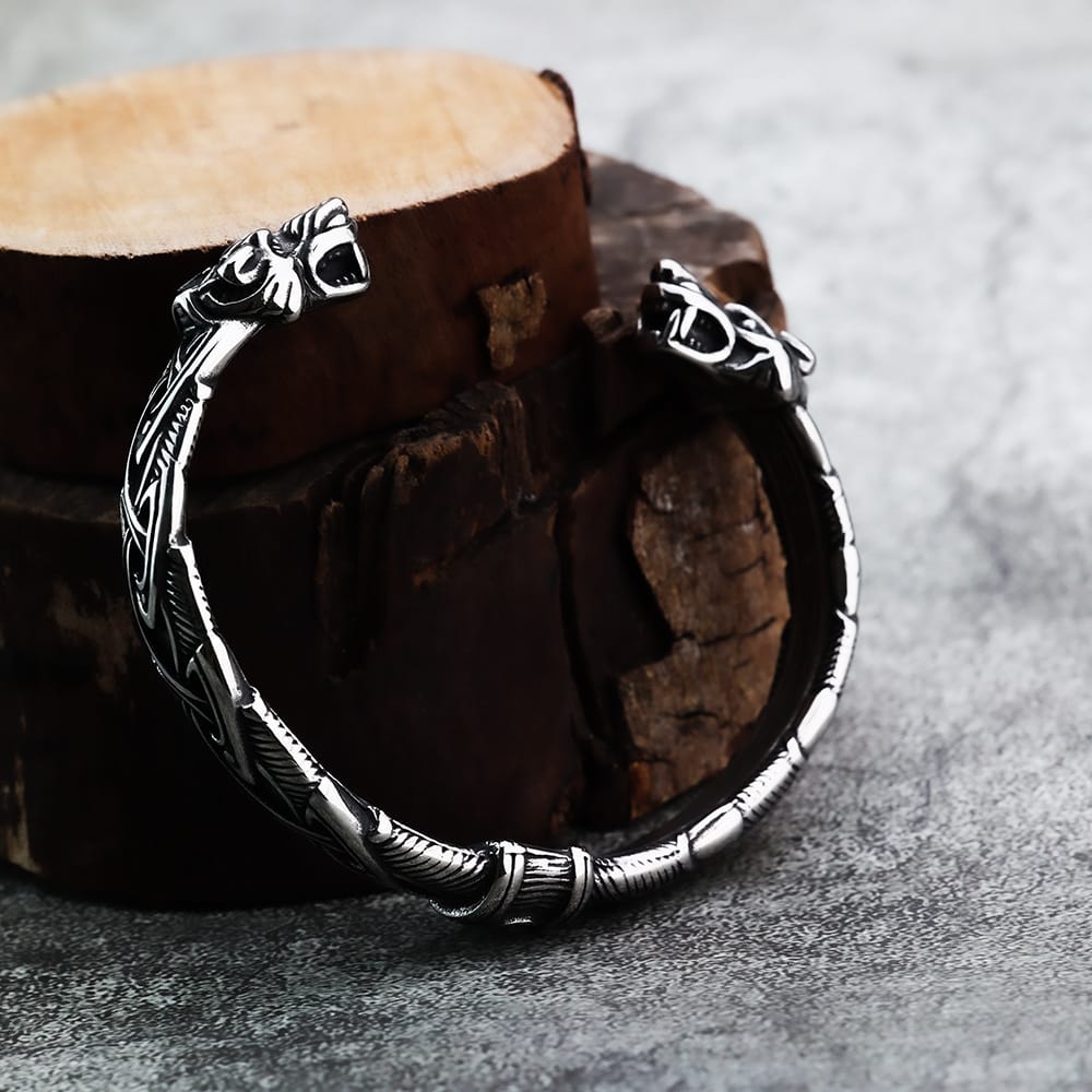 Kobine Men's Punk Wolf Head Carved Open Cuff Bracelet