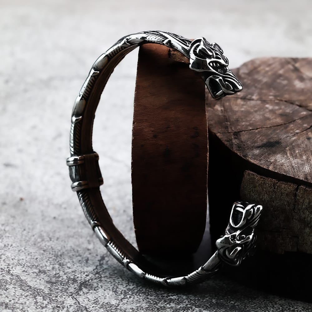 Kobine Men's Punk Wolf Head Carved Open Cuff Bracelet