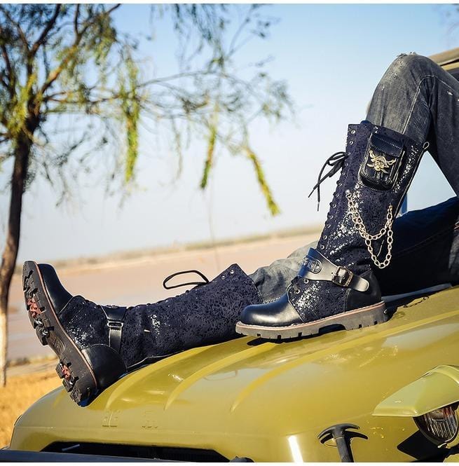 Kobine Men's Steampunk 16 Holes Metal Rivet High Boots Engineer Motorcycle Boot