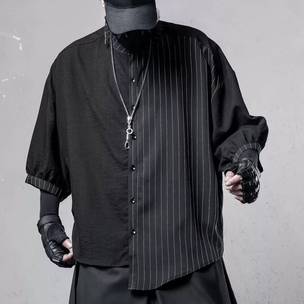 Kobine Men's Techwear Asymmetric Pinstripe Loose Shirt