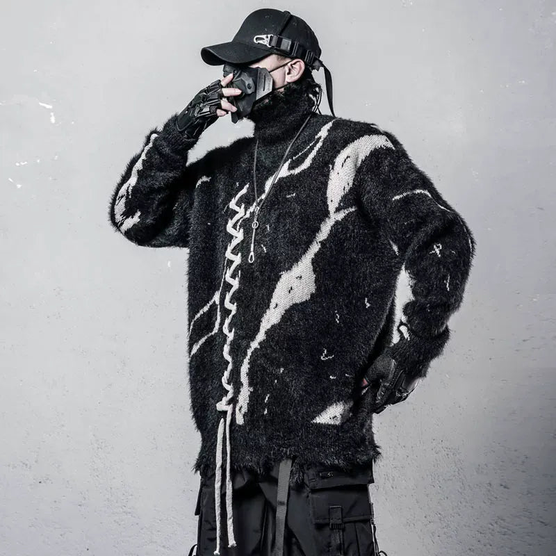 Kobine Men's Techwear Criss‑cross Lace-up High Collar Two‑Tone Sweater