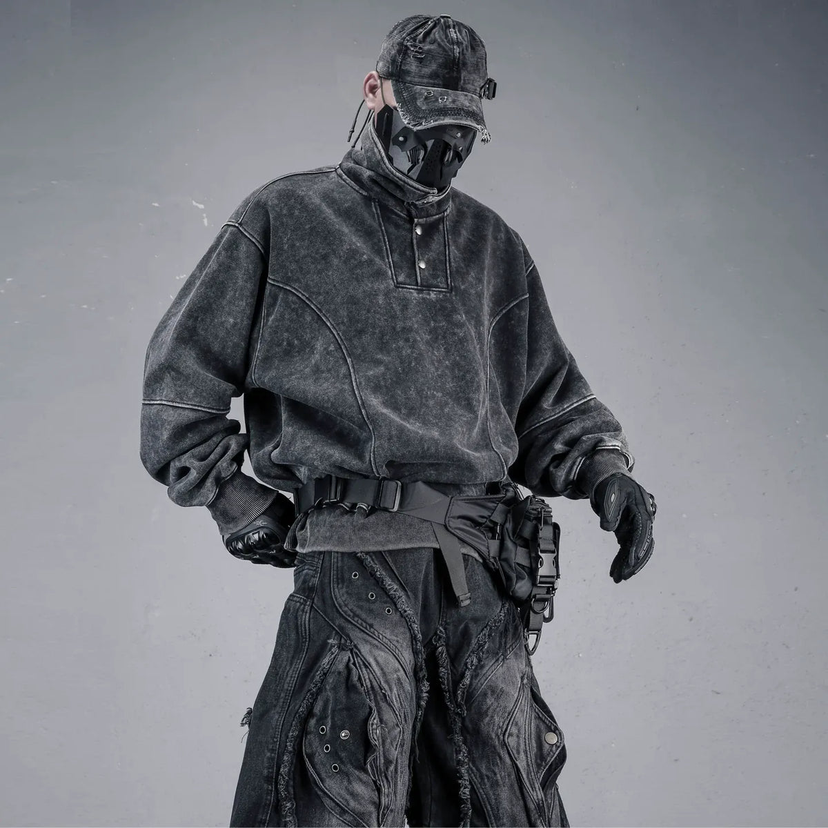 Kobine Men's Techwear Distressed High Collar Long Sleeve Top