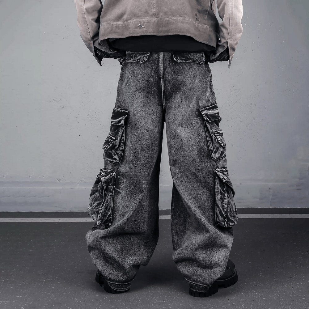 Kobine Men's Techwear Distressed Multi-Pockets Wide Leg Denim Cargo Pants