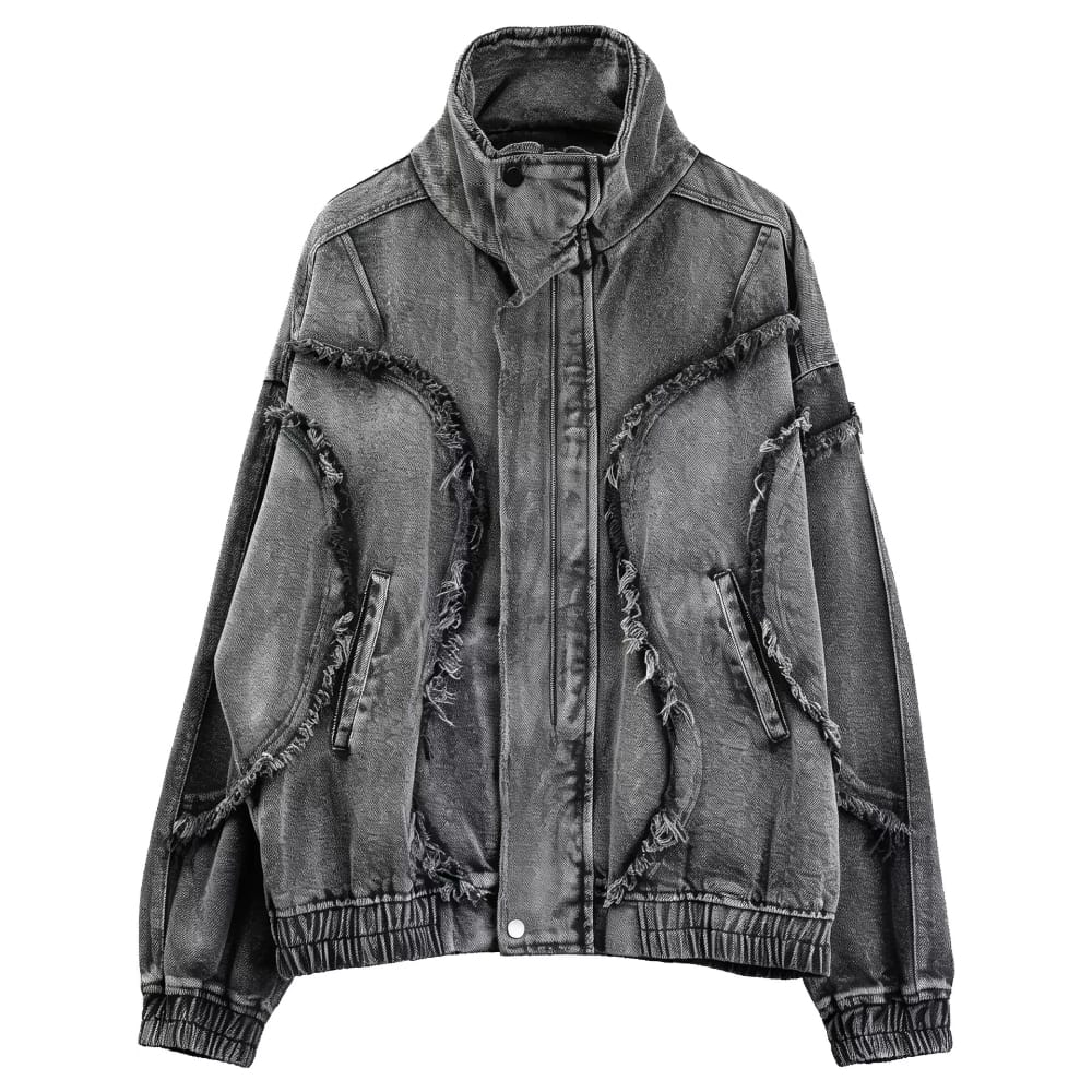 Kobine Men's Techwear Distressed Raw Edge Stand Collar Jacket