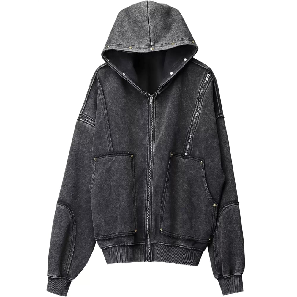 Kobine Men's Techwear Distressed Studded Zip-Up Hooded Jacket