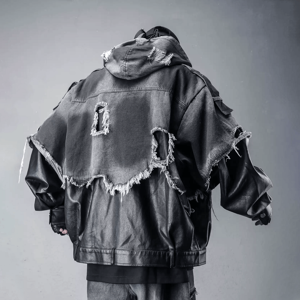 Kobine Men's Techwear Frayed Raw-Edge Patchwork Hooded Jacket