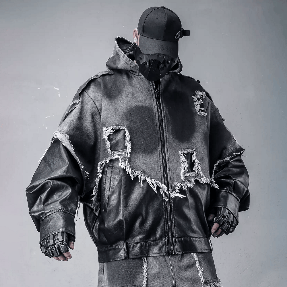 Kobine Men's Techwear Frayed Raw-Edge Patchwork Hooded Jacket