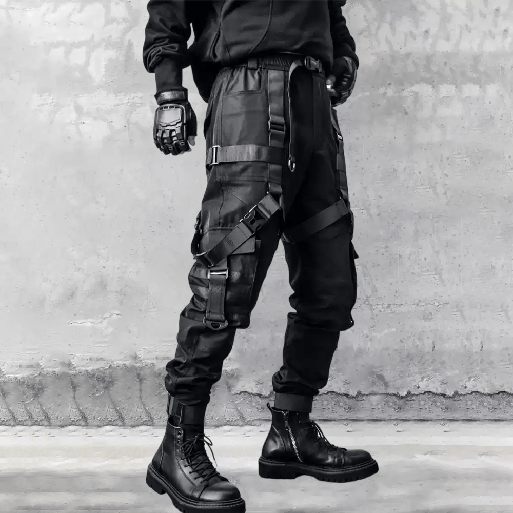 Kobine Men's Techwear Multi Buckle Straps Large Pocket Cuffed Cargo Pants