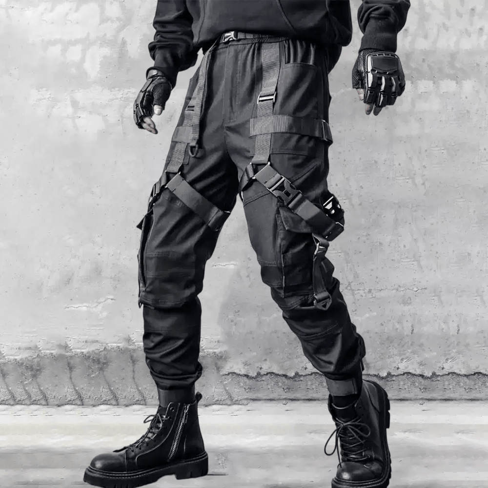 Kobine Men's Techwear Multi Buckle Straps Large Pocket Cuffed Cargo Pants