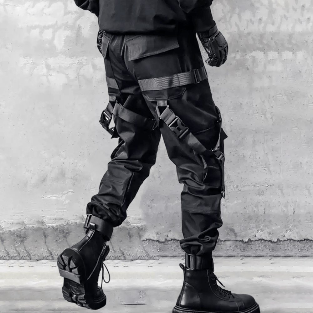 Kobine Men's Techwear Multi Buckle Straps Large Pocket Cuffed Cargo Pants