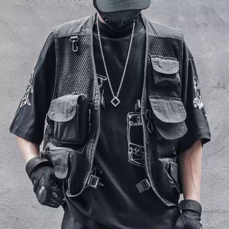 Kobine Men's Techwear Multi-Pocket Mesh Panel Buckle Vest