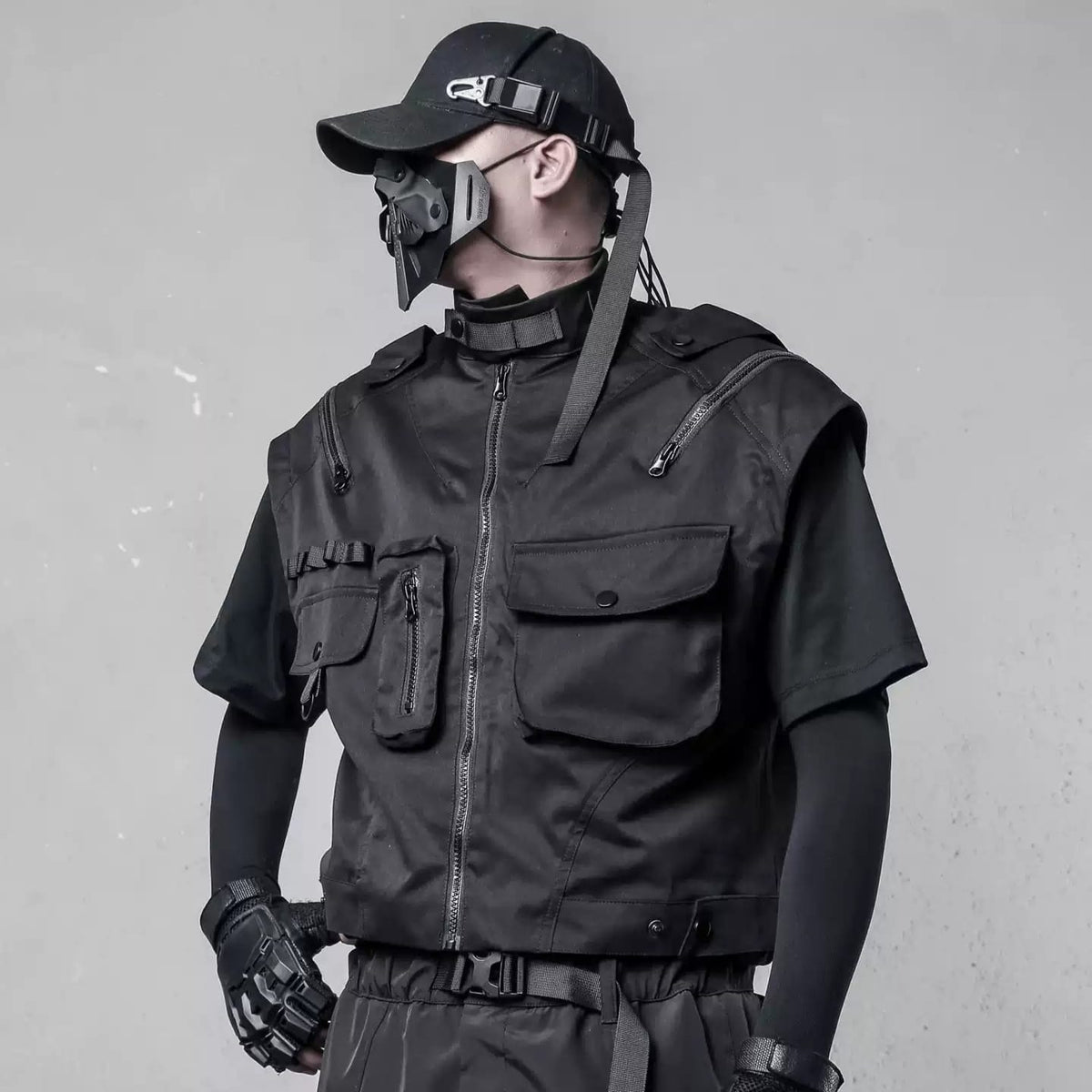 Kobine Men's Techwear Multi Zippers Large Pocket Stand Collar Vest