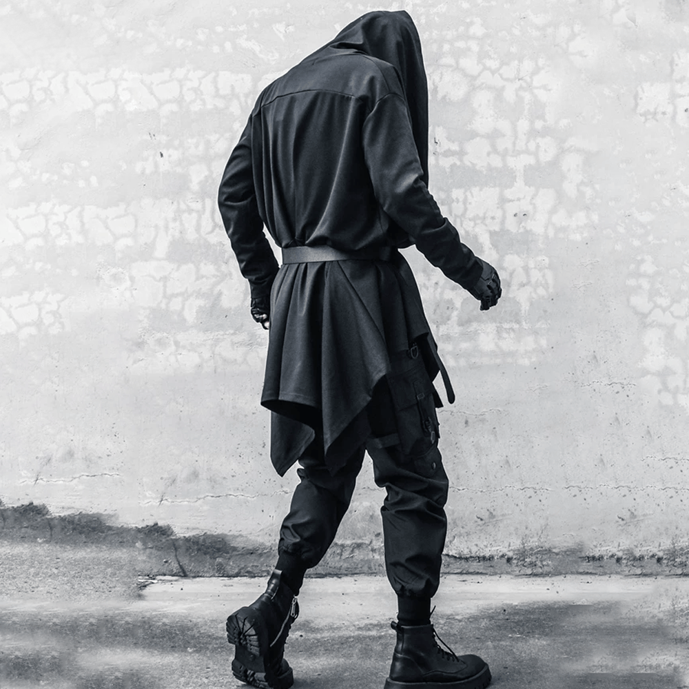 Kobine Men's Techwear Open Front Draped Patchwork Irregular Hem Coat with Belt