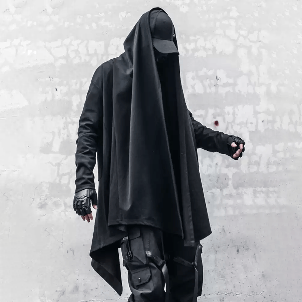 Kobine Men's Techwear Open Front Draped Patchwork Irregular Hem Coat with Belt