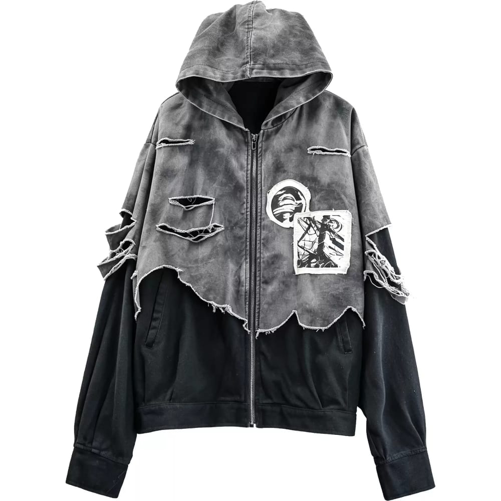 Kobine Men's Techwear Ripped Raw Edge Patchwork Hooded Jacket