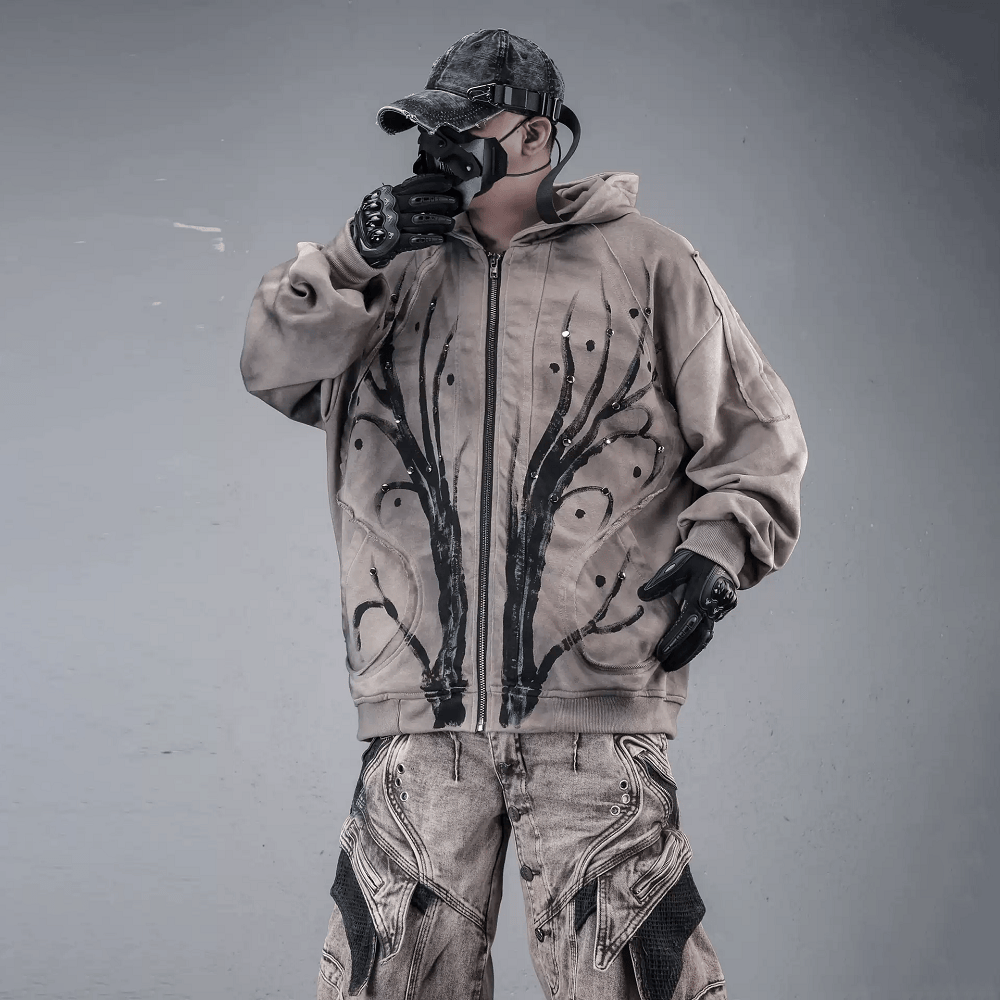 Kobine Men's Techwear Studded Printed Zip-Up Hooded Jacket