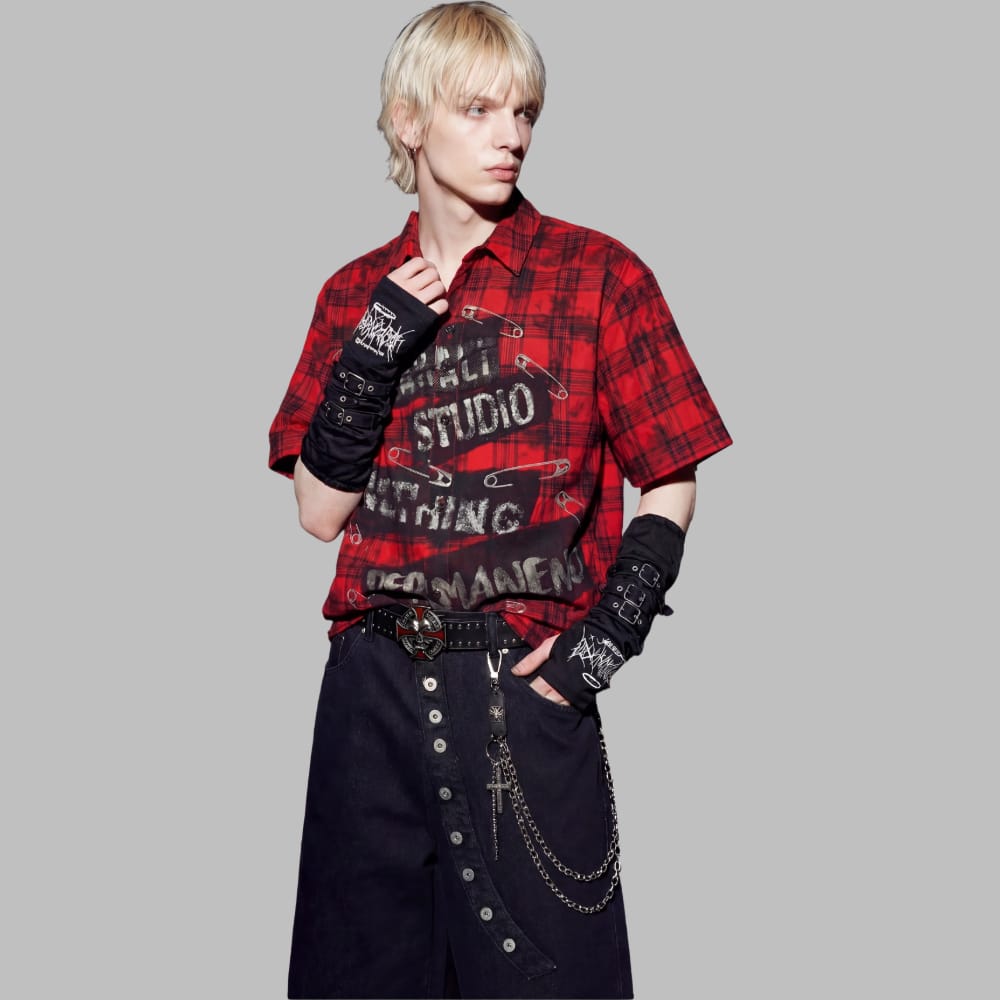 Kobine Unisex Grunge Plaid Print Turn Down Collar Shirt