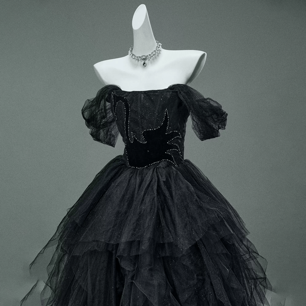 Kobine Women's Custom-made Gothic Black Swan Glittery Multi-layer Tulle Strapless Evening Gown