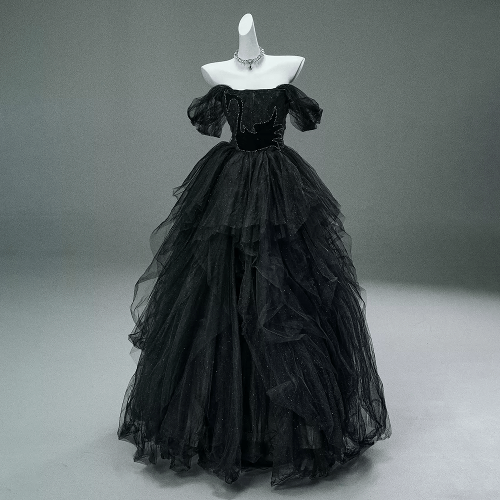 Kobine Women's Custom-made Gothic Black Swan Glittery Multi-layer Tulle Strapless Evening Gown