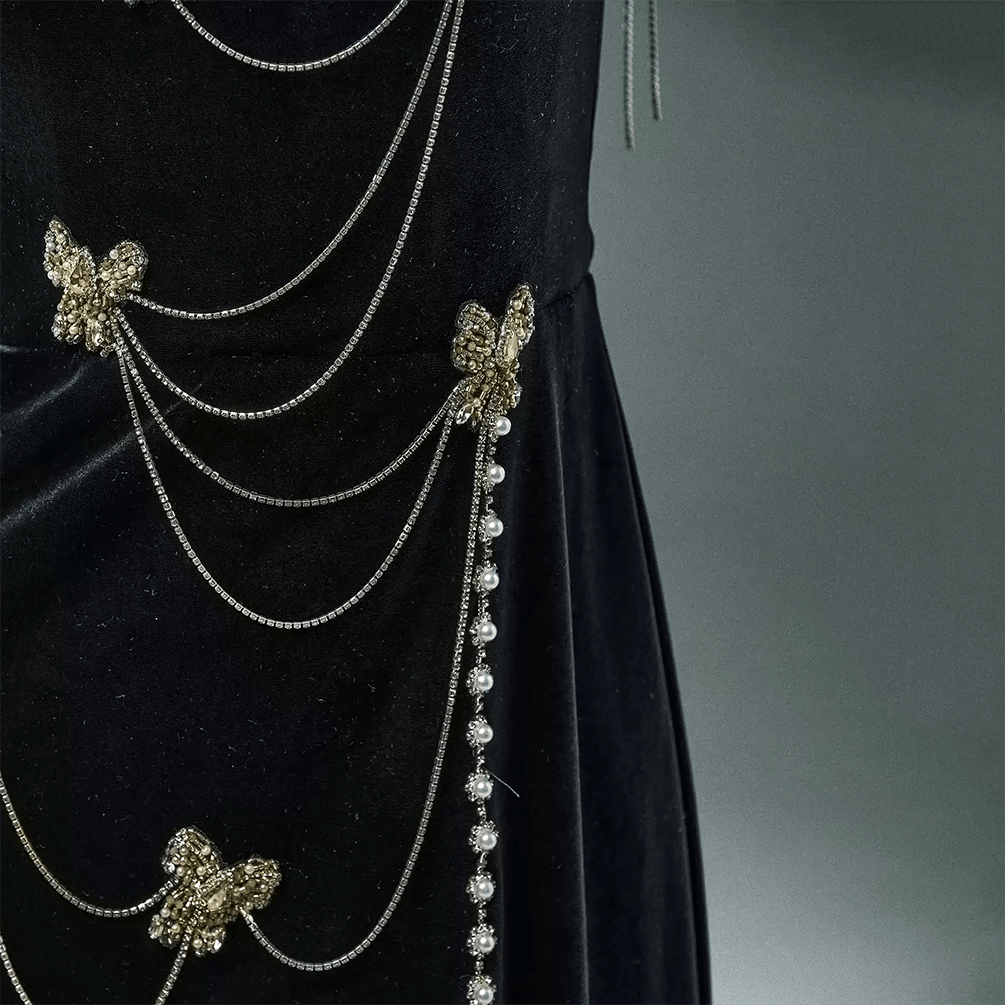 Kobine Women's Custom-made Vintage Gothic Butterfly Pearl Chain Slip Gown