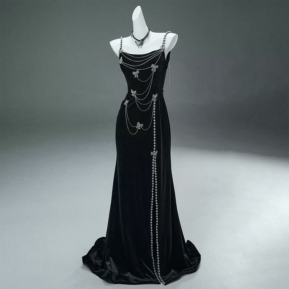 Kobine Women's Custom-made Vintage Gothic Butterfly Pearl Chain Slip Gown