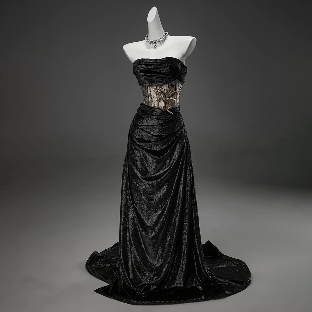 Kobine Women's Custom-made Vintage Gothic Lucky Bamboo Off Shoulder Strapless Velvet Gown