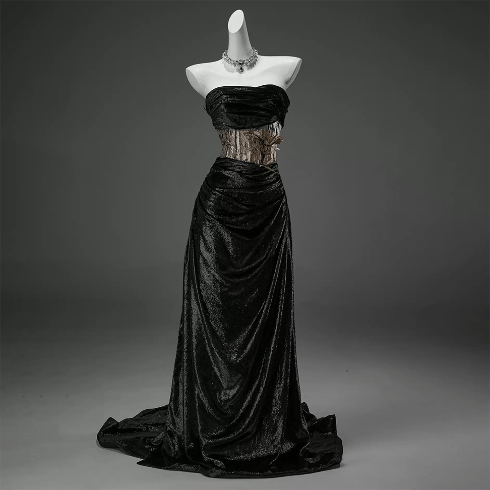 Kobine Women's Custom-made Vintage Gothic Lucky Bamboo Off Shoulder Strapless Velvet Gown