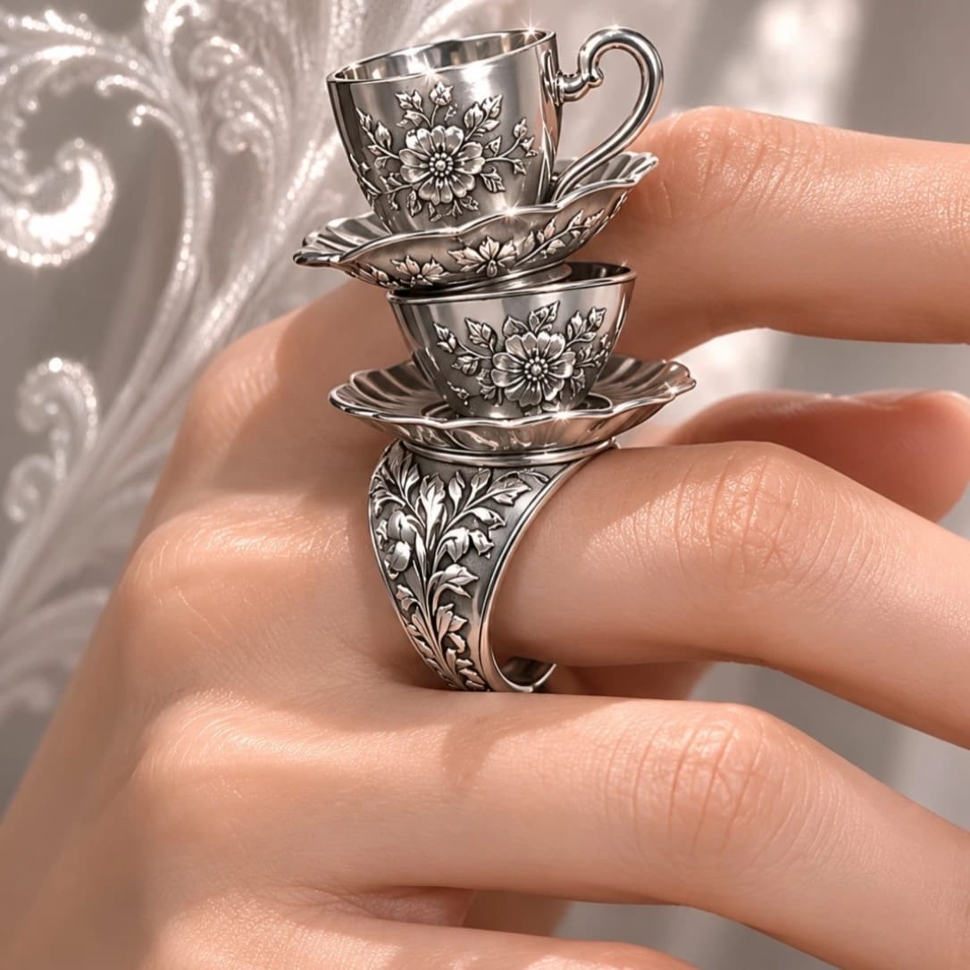 Kobine Women's Gothic 3D Floral Carved Teacup & Saucer Open Band Ring