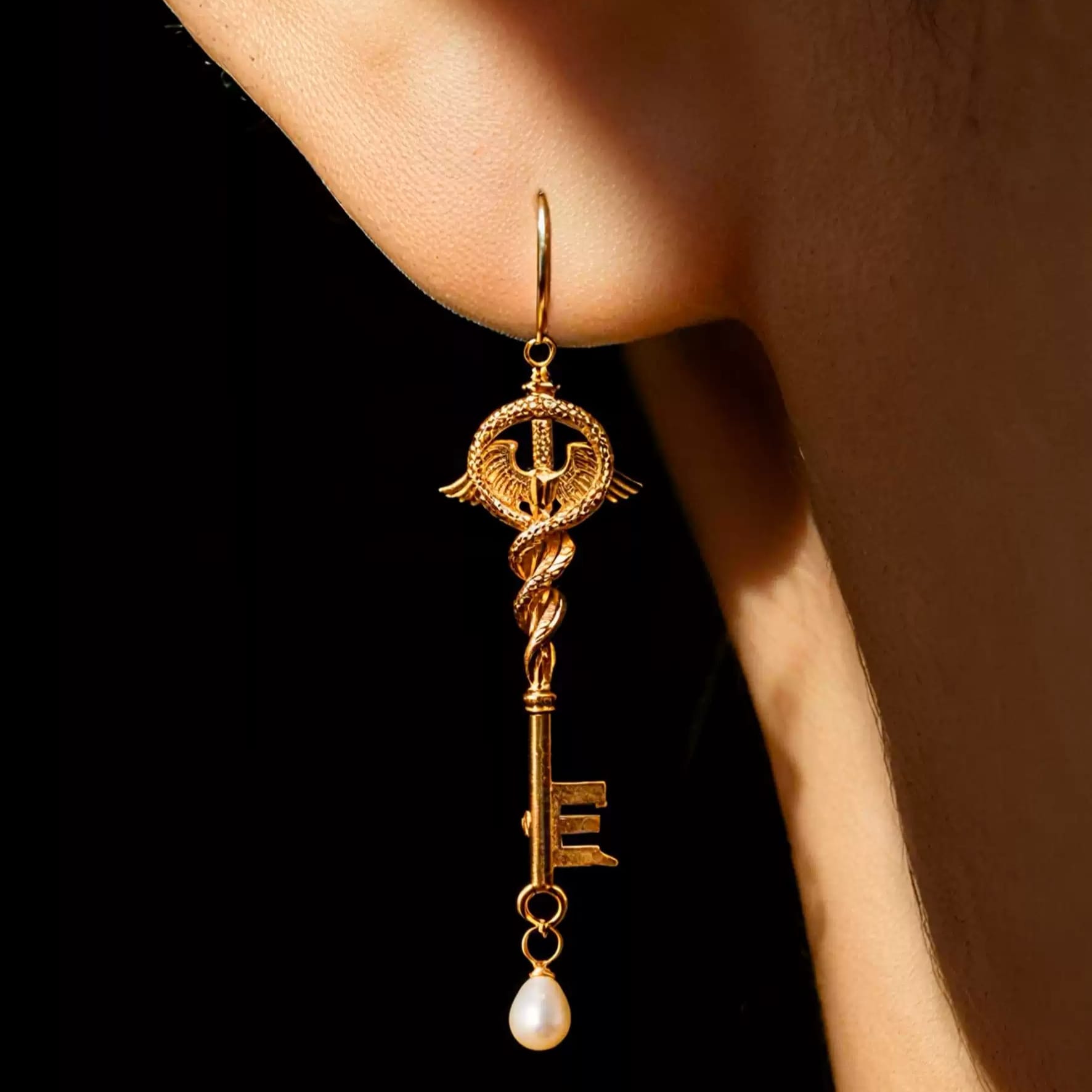 Kobine Women's Gothic Asymmetric Pearl Key Drop Hook Earrings