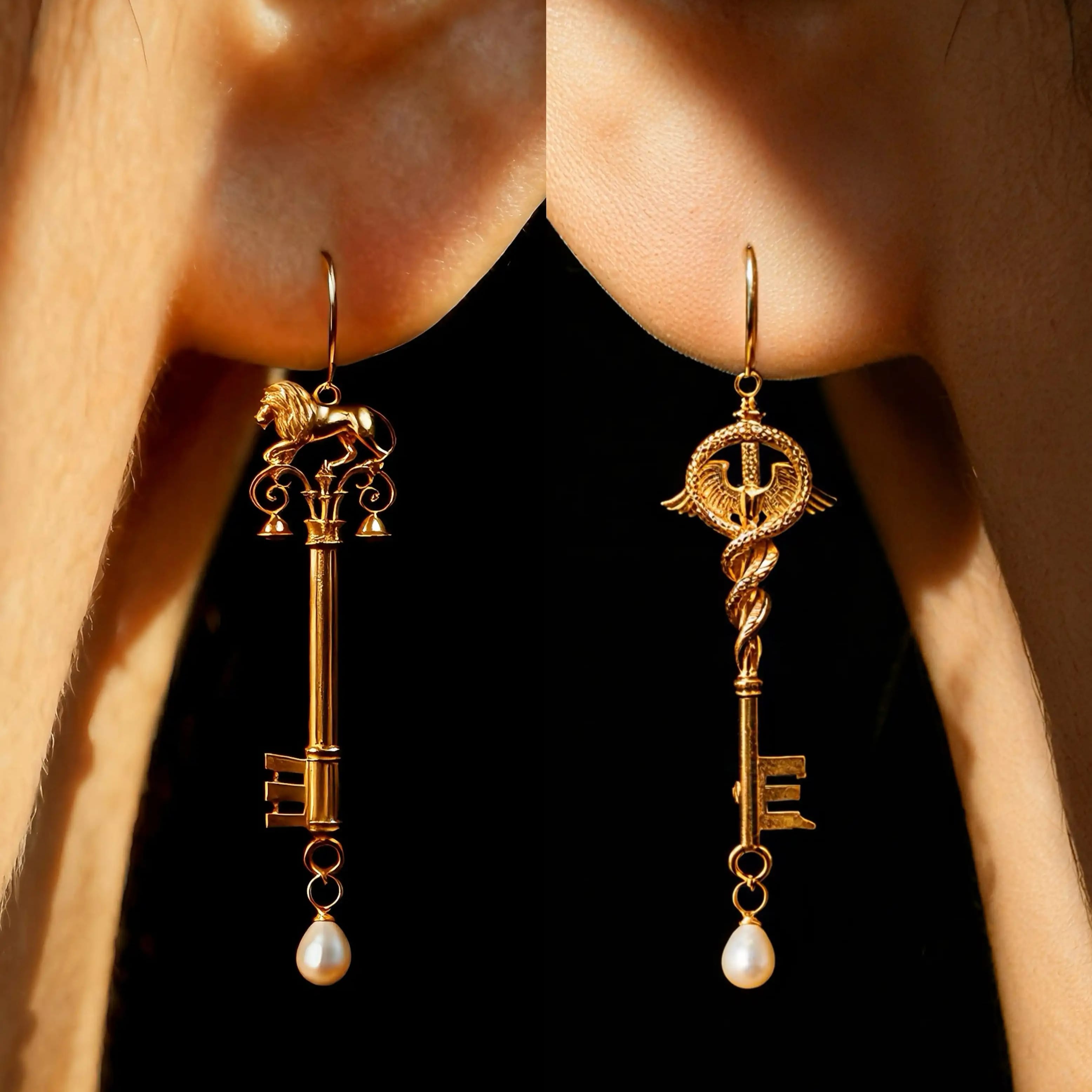 Kobine Women's Gothic Asymmetric Pearl Key Drop Hook Earrings