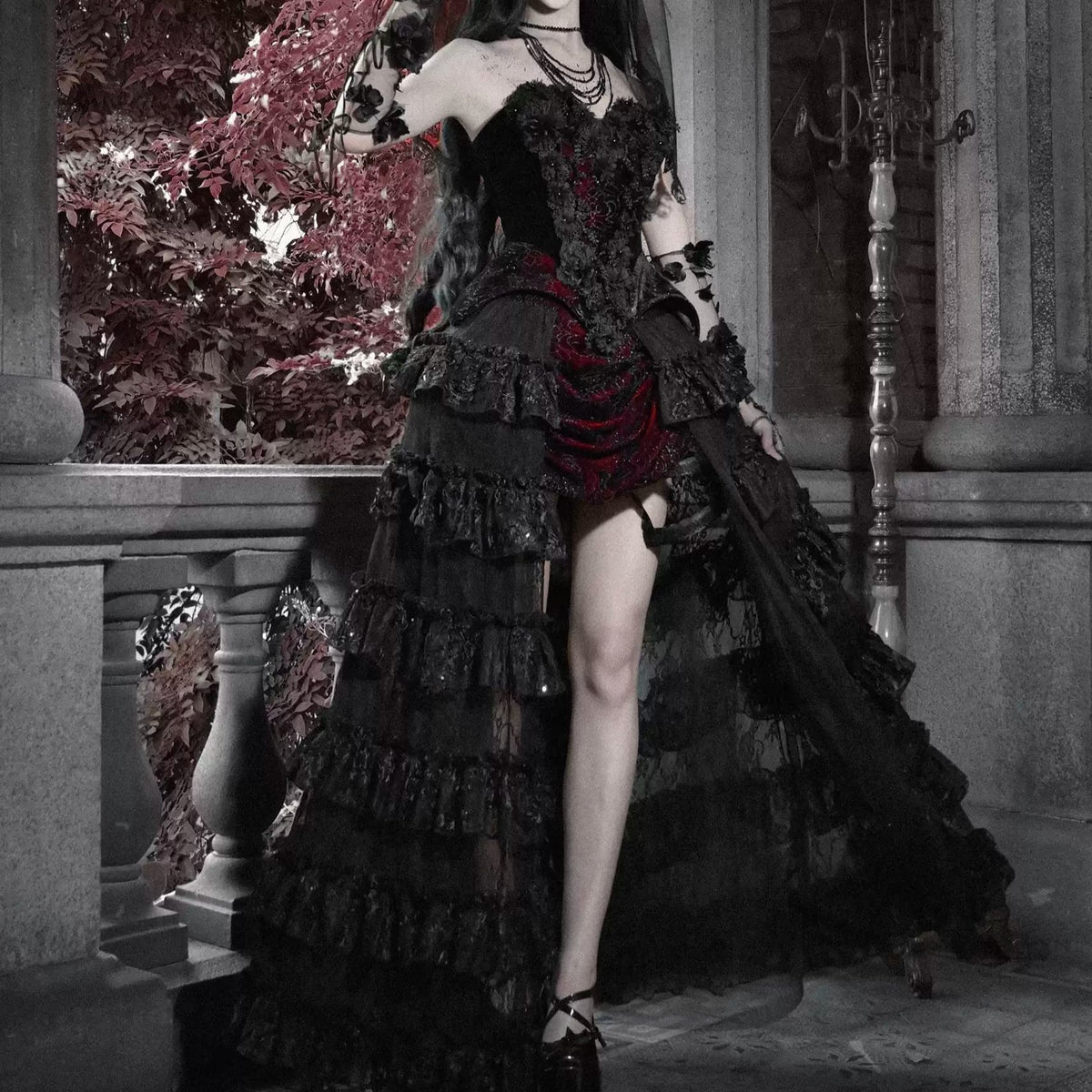 Women's Gothic Beaded Floral Two‑Tone Irregular Overbust Corset - Punk Design