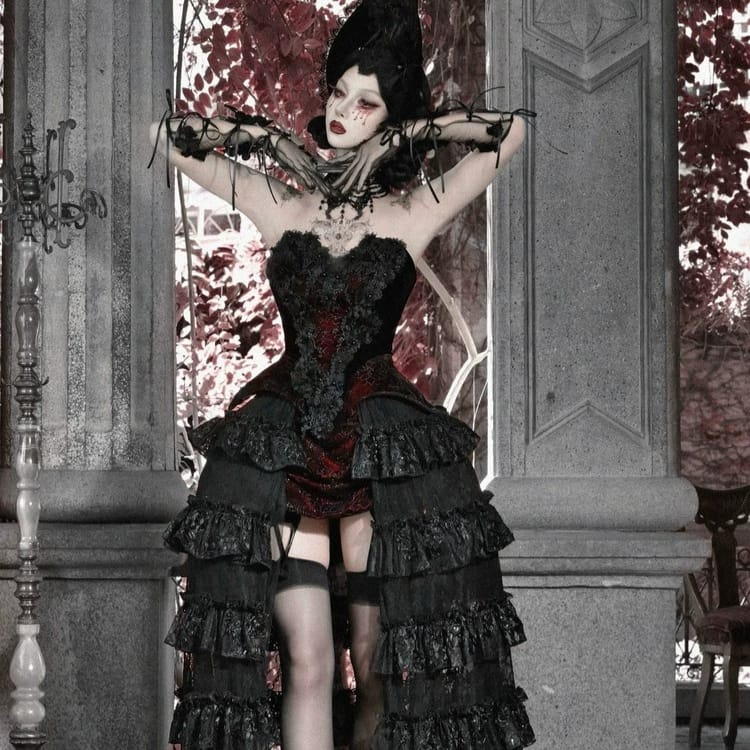 Women's Gothic Beaded Floral Two‑Tone Irregular Overbust Corset - Punk Design