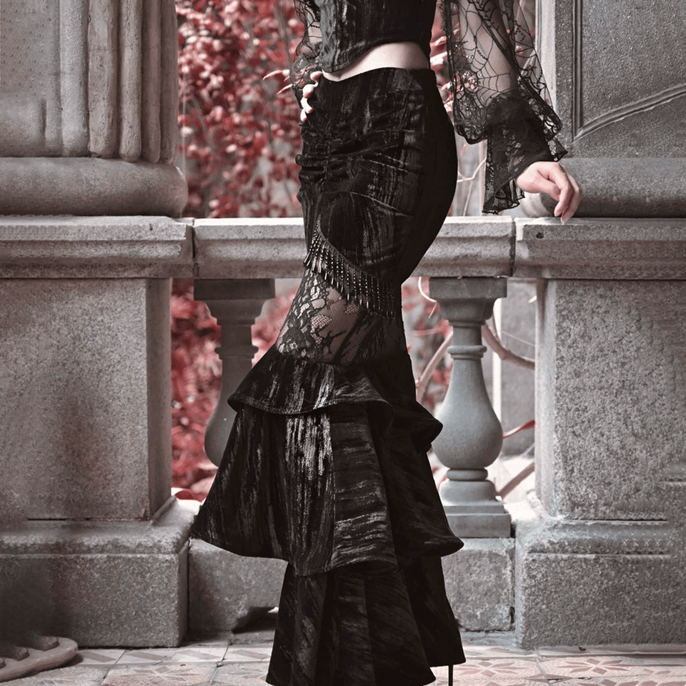 Women's Gothic Beaded Fringe Floral Lace Panel Mermaid Skirt - Punk Design
