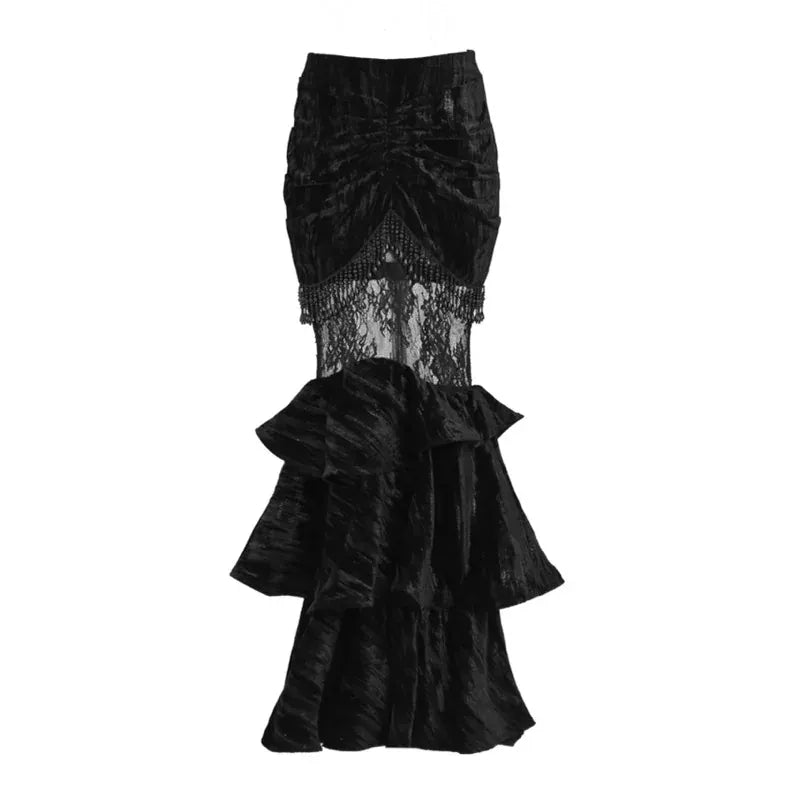 Women's Gothic Beaded Fringe Floral Lace Panel Mermaid Skirt - Punk Design
