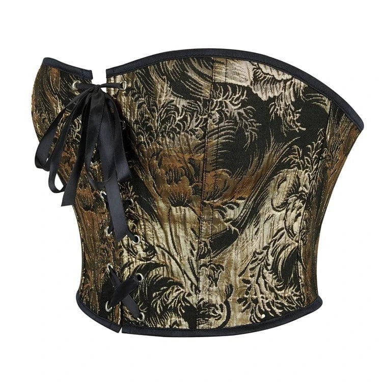 Kobine Women's Gothic Black-gold Floral Printed Overbust Corset