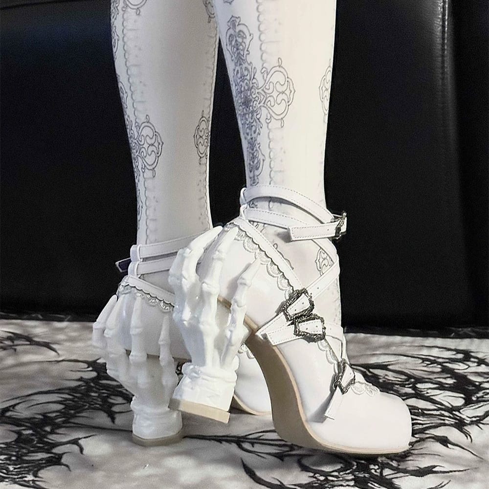 Kobine Women's Gothic Criss‑cross Buckle Straps Skeleton Hand Heel Shoes