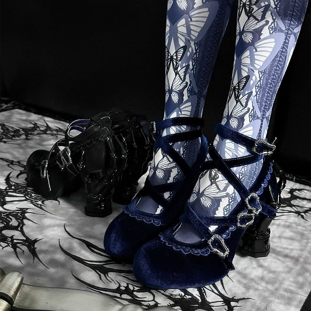 Kobine Women's Gothic Criss‑cross Buckle Straps Skeleton Hand Heel Shoes