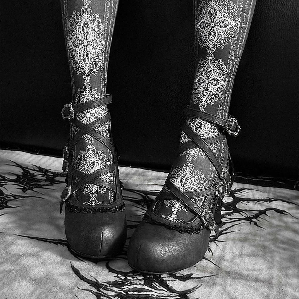 Kobine Women's Gothic Criss‑cross Buckle Straps Skeleton Hand Heel Shoes