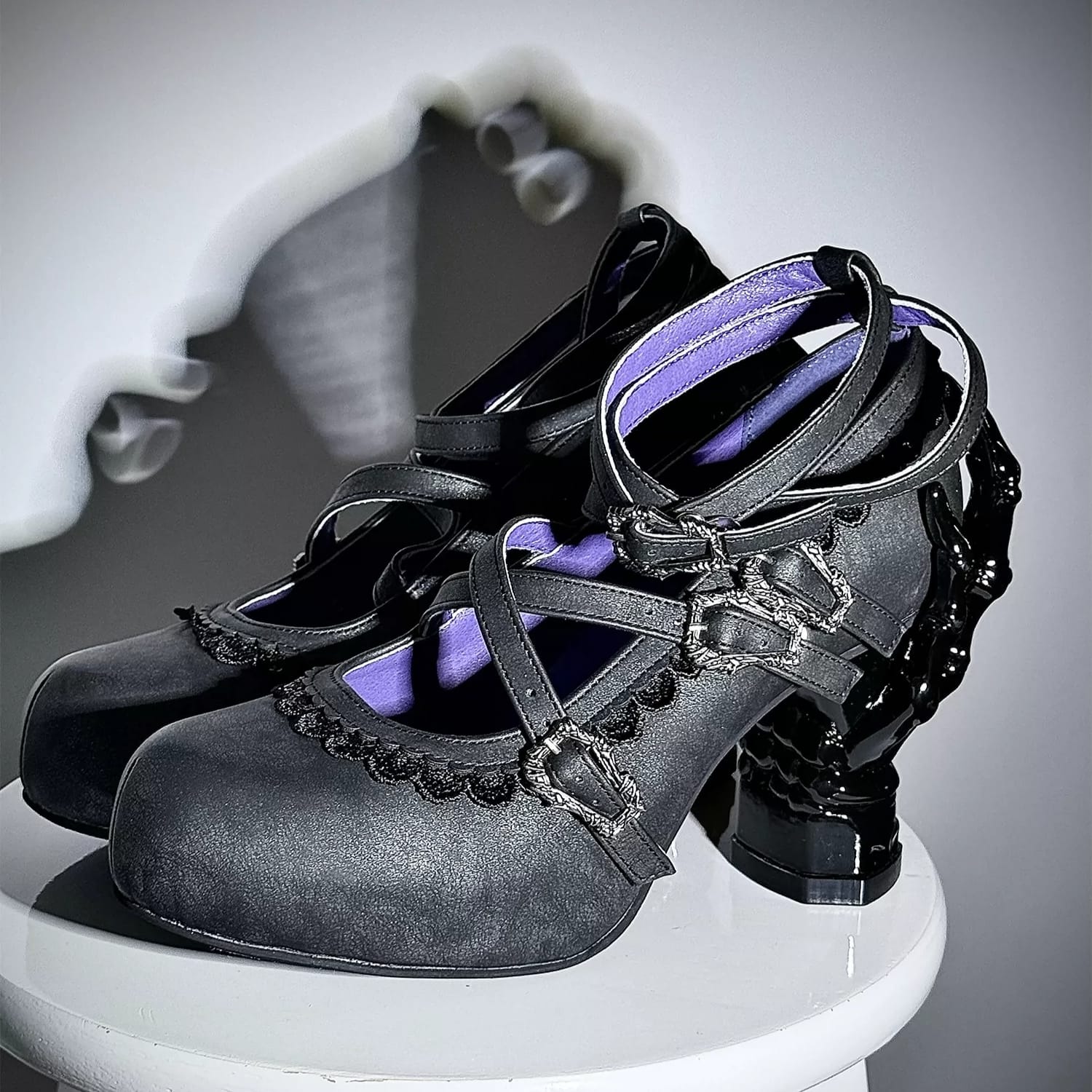 Kobine Women's Gothic Criss‑cross Buckle Straps Skeleton Hand Heel Shoes