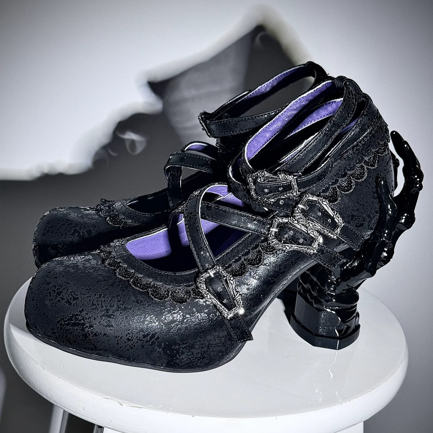 Kobine Women's Gothic Criss‑cross Buckle Straps Skeleton Hand Heel Shoes