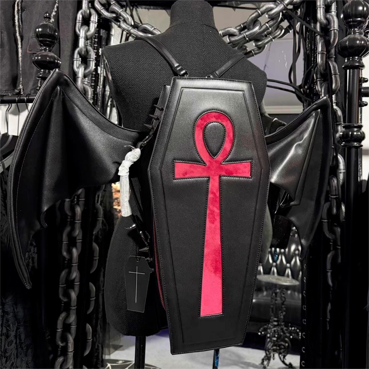 Kobine Women's Gothic Cross Bat Wing Coffin Bag Black