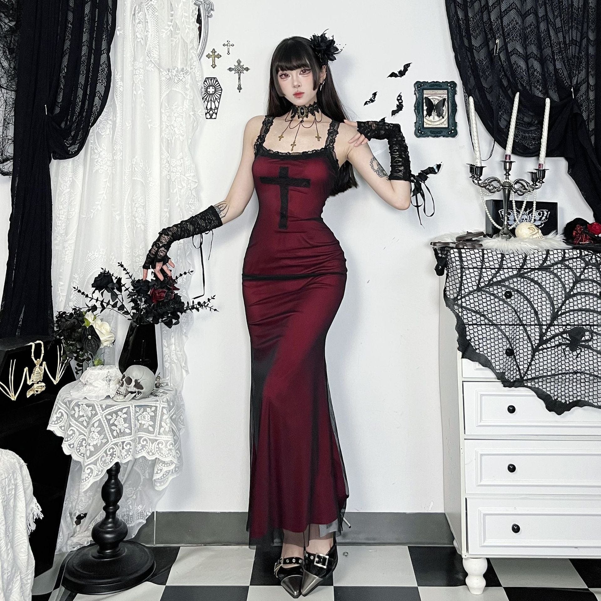 Kobine Women's Gothic Cross Lace Splice Evening Slip Dress