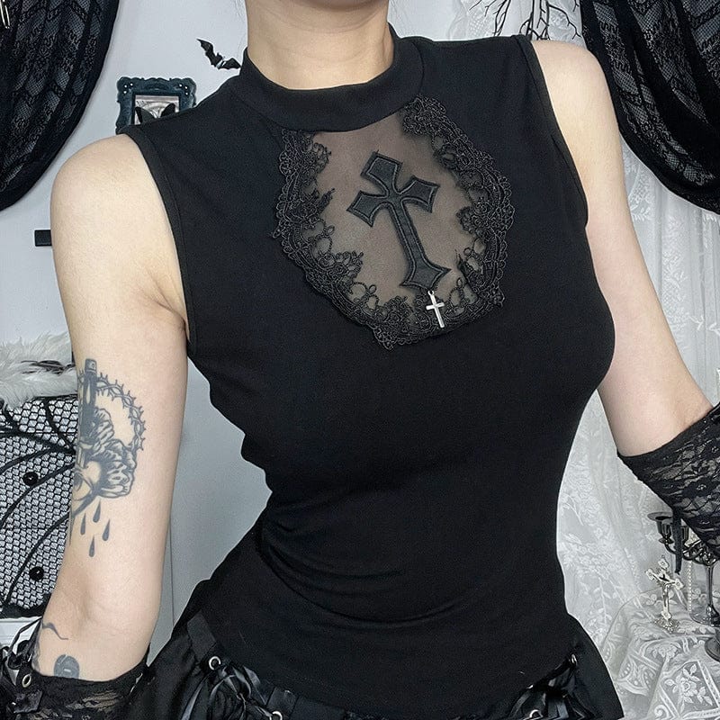 Kobine Women's Gothic Cross Mesh Splice Tank Top