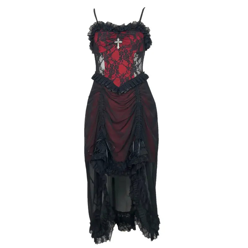 Kobine Women's Gothic Cross Ruffle Drawstring Slip Dress