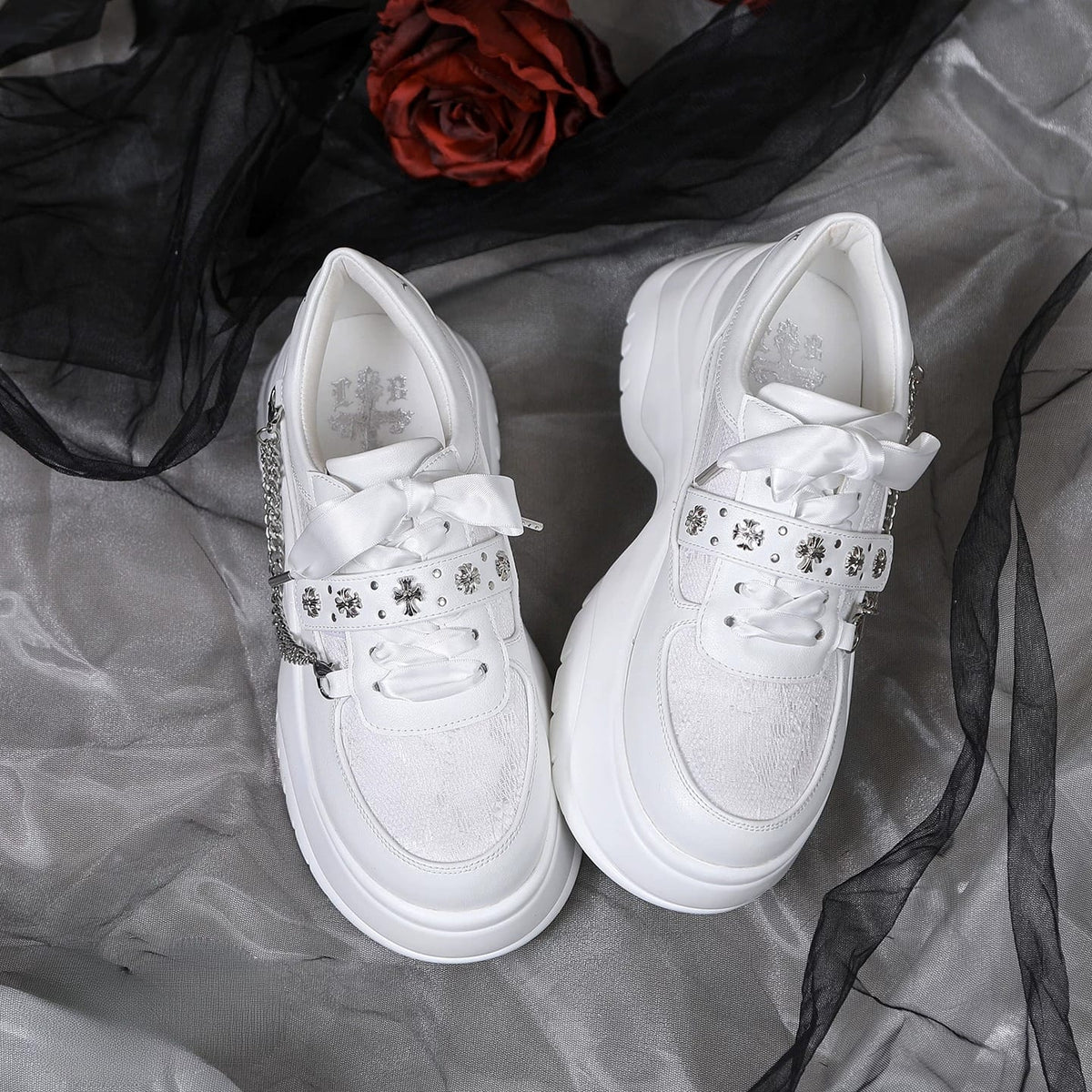 Kobine Women's Gothic Cross Stud Chain Lace-up Platform Sneakers