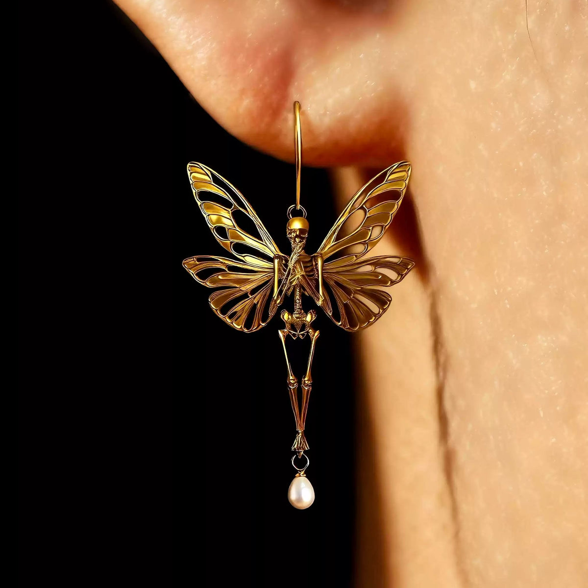 Kobine Women's Gothic Cutout Butterfly Wing Skeleton Pearl Drop Hook Earrings