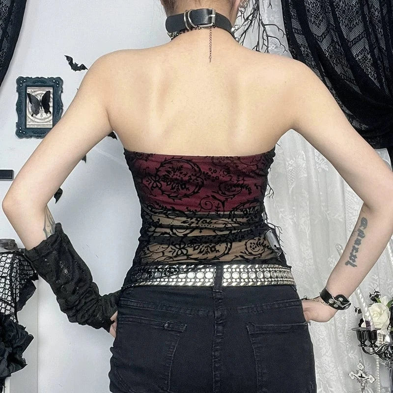 Kobine Women's Gothic Drawstring Flocking Mesh Bustier