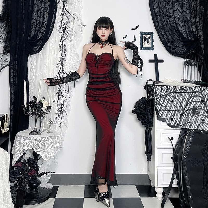 Kobine Women's Gothic Drawstring Mesh Splice Fishtail Dress