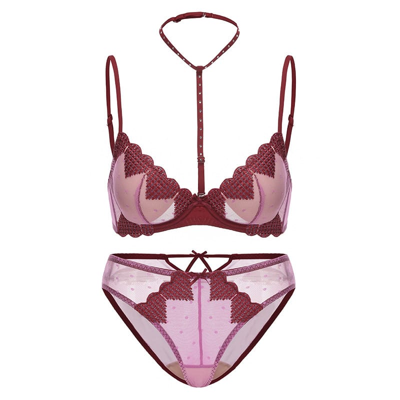 Kobine Women's Gothic Embroidered Heart Mesh Lingerie Set
